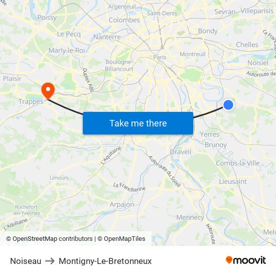 Noiseau to Montigny-Le-Bretonneux map