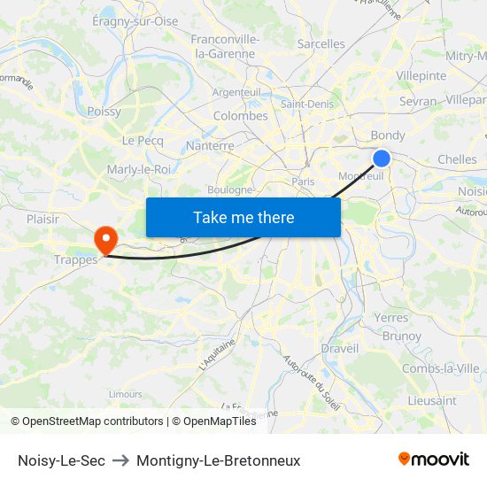 Noisy-Le-Sec to Montigny-Le-Bretonneux map