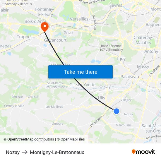 Nozay to Montigny-Le-Bretonneux map