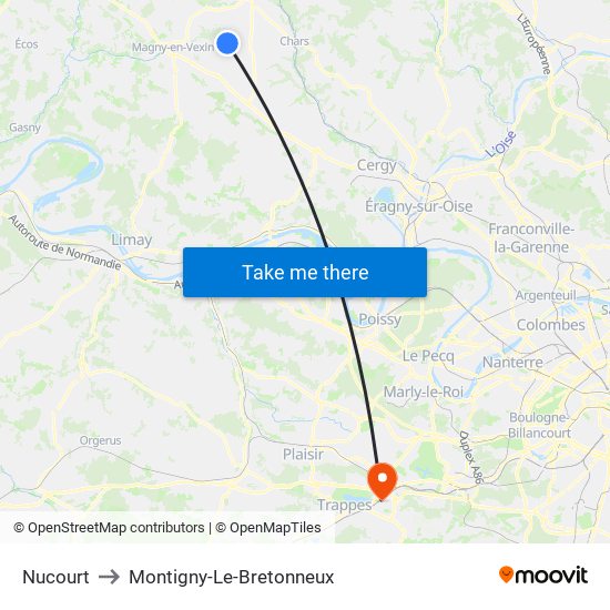 Nucourt to Montigny-Le-Bretonneux map