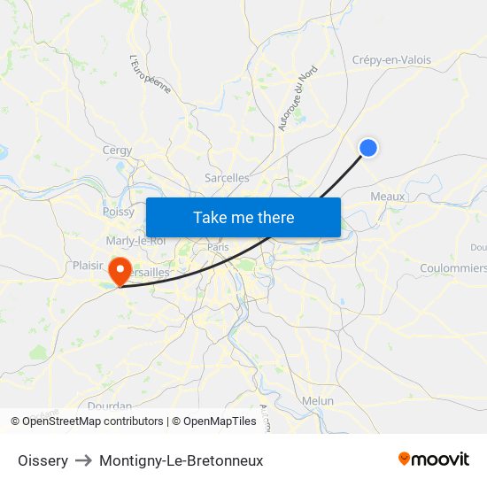 Oissery to Montigny-Le-Bretonneux map