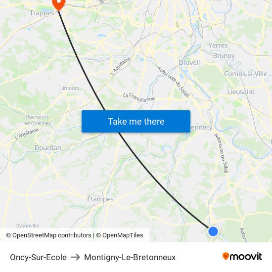 Oncy-Sur-Ecole to Montigny-Le-Bretonneux map