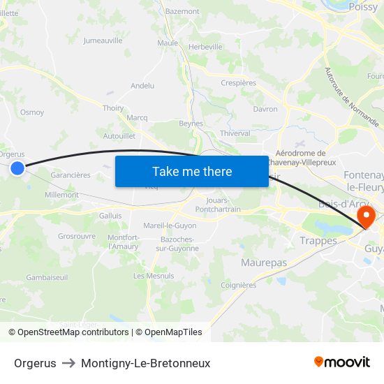 Orgerus to Montigny-Le-Bretonneux map