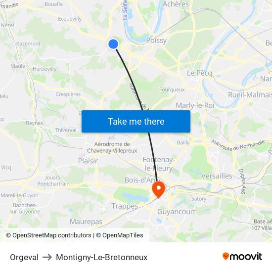 Orgeval to Montigny-Le-Bretonneux map