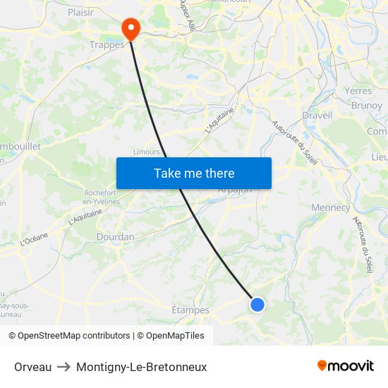 Orveau to Montigny-Le-Bretonneux map