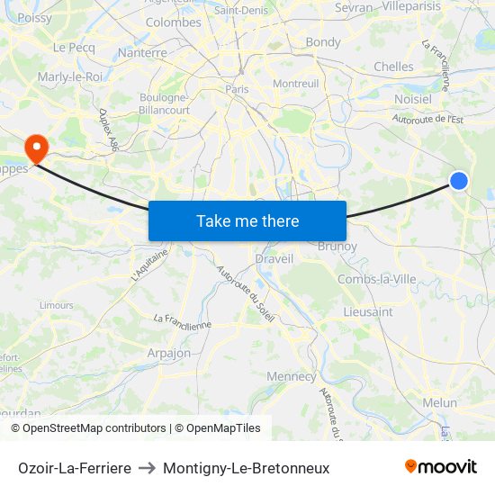 Ozoir-La-Ferriere to Montigny-Le-Bretonneux map