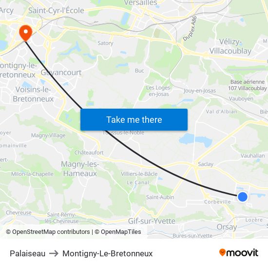 Palaiseau to Montigny-Le-Bretonneux map