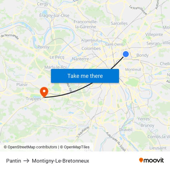 Pantin to Montigny-Le-Bretonneux map
