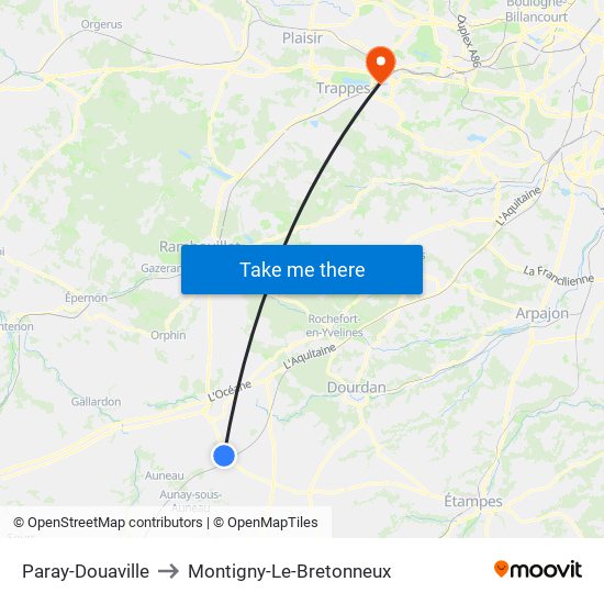 Paray-Douaville to Montigny-Le-Bretonneux map