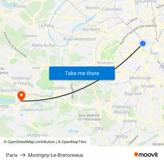 Paris to Montigny-Le-Bretonneux map