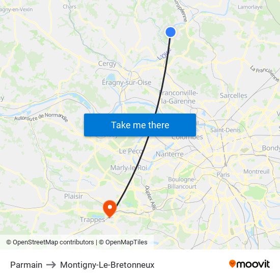 Parmain to Montigny-Le-Bretonneux map