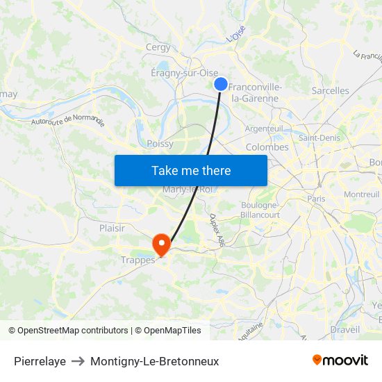 Pierrelaye to Montigny-Le-Bretonneux map