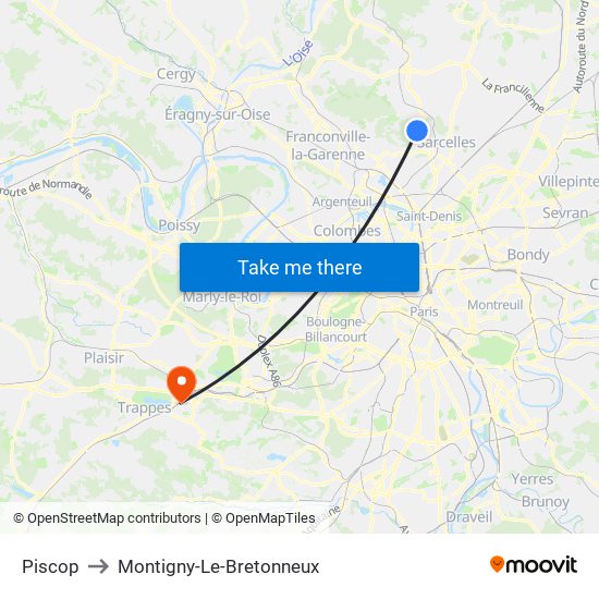 Piscop to Montigny-Le-Bretonneux map