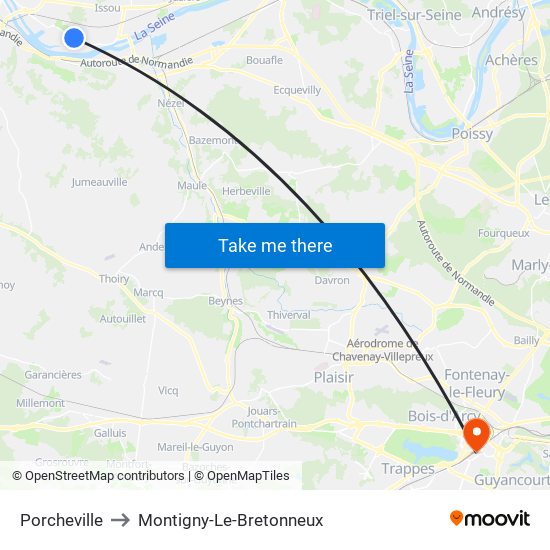 Porcheville to Montigny-Le-Bretonneux map