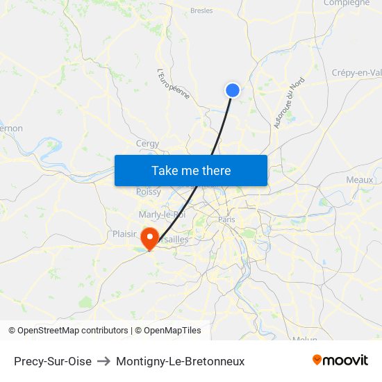 Precy-Sur-Oise to Montigny-Le-Bretonneux map