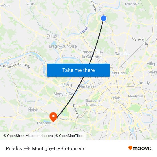 Presles to Montigny-Le-Bretonneux map