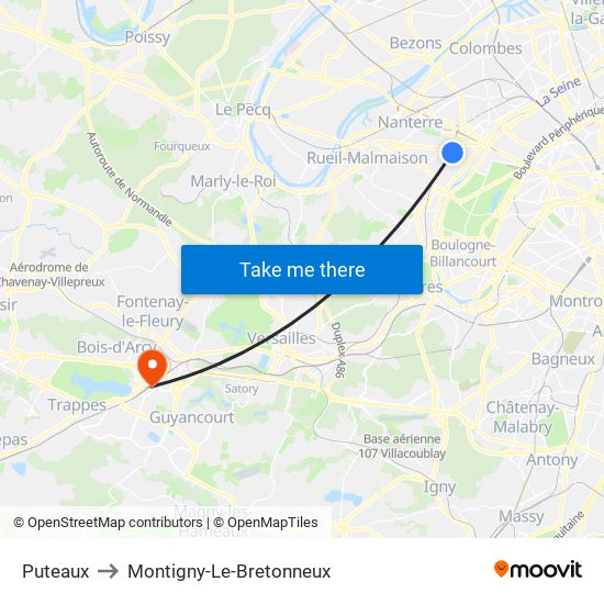 Puteaux to Montigny-Le-Bretonneux map