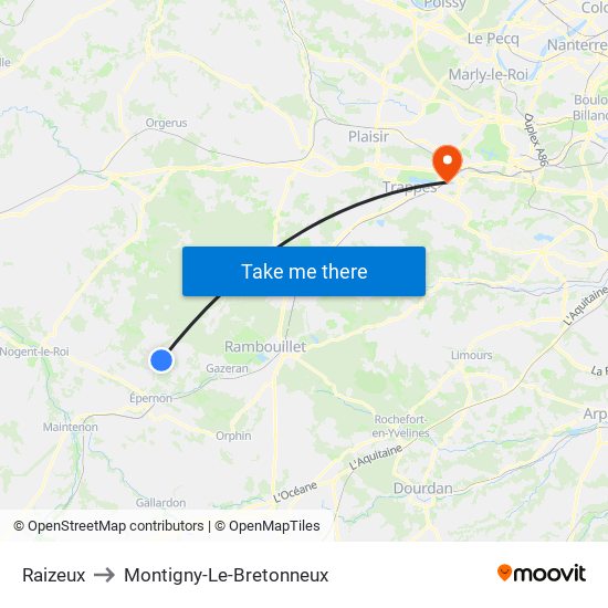 Raizeux to Montigny-Le-Bretonneux map