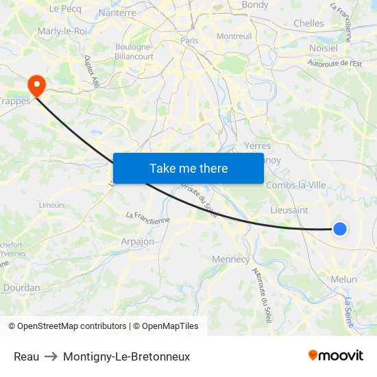 Reau to Montigny-Le-Bretonneux map