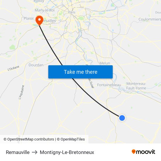 Remauville to Montigny-Le-Bretonneux map