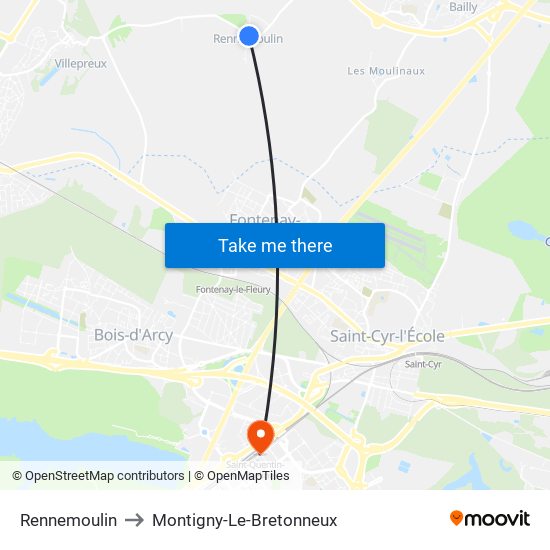 Rennemoulin to Montigny-Le-Bretonneux map
