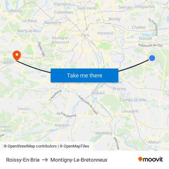 Roissy-En-Brie to Montigny-Le-Bretonneux map