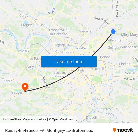 Roissy-En-France to Montigny-Le-Bretonneux map