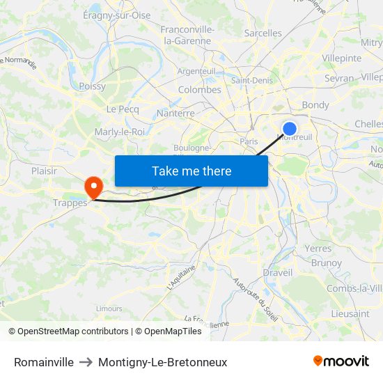 Romainville to Montigny-Le-Bretonneux map