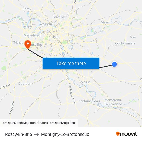 Rozay-En-Brie to Montigny-Le-Bretonneux map