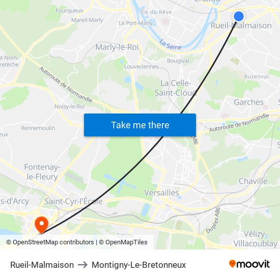 Rueil-Malmaison to Montigny-Le-Bretonneux map