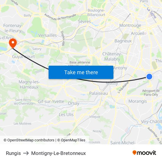 Rungis to Montigny-Le-Bretonneux map