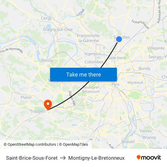 Saint-Brice-Sous-Foret to Montigny-Le-Bretonneux map