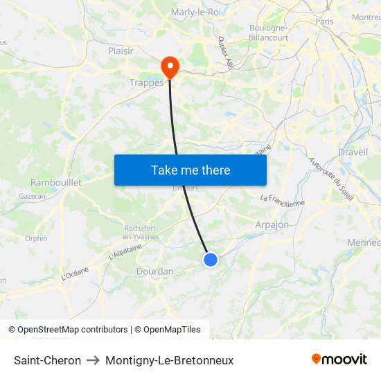 Saint-Cheron to Montigny-Le-Bretonneux map