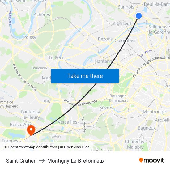 Saint-Gratien to Montigny-Le-Bretonneux map