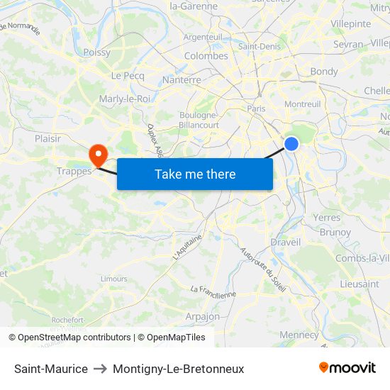 Saint-Maurice to Montigny-Le-Bretonneux map