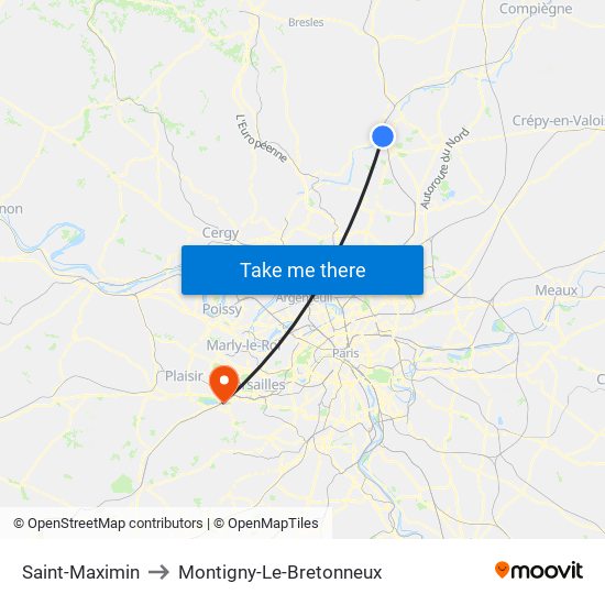Saint-Maximin to Montigny-Le-Bretonneux map