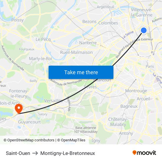 Saint-Ouen to Montigny-Le-Bretonneux map