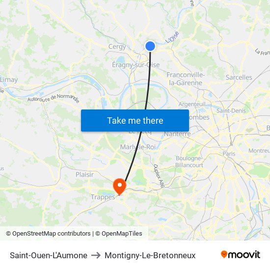 Saint-Ouen-L'Aumone to Montigny-Le-Bretonneux map