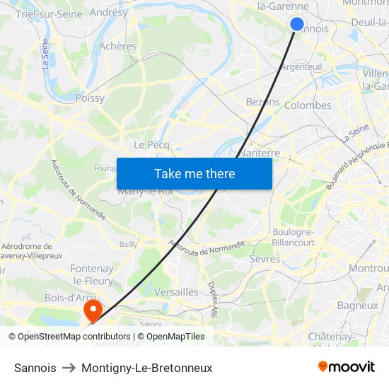 Sannois to Montigny-Le-Bretonneux map