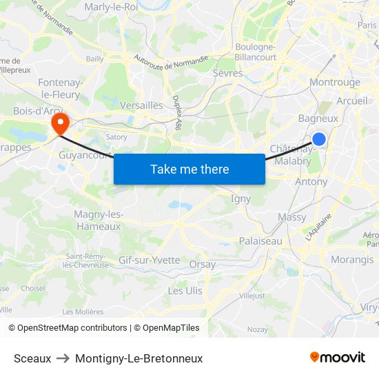 Sceaux to Montigny-Le-Bretonneux map