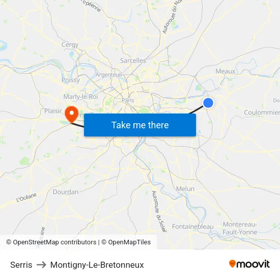 Serris to Montigny-Le-Bretonneux map
