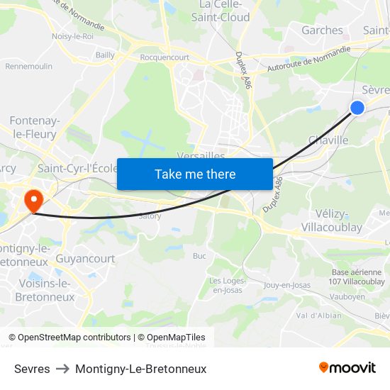 Sevres to Montigny-Le-Bretonneux map