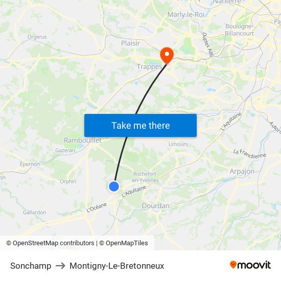 Sonchamp to Montigny-Le-Bretonneux map