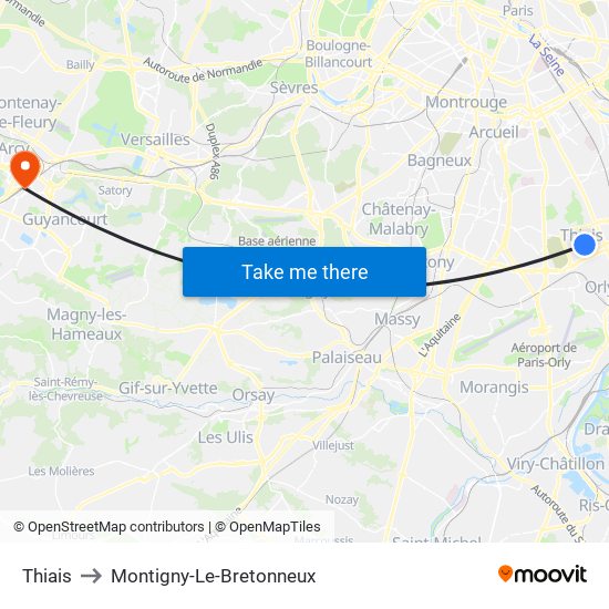Thiais to Montigny-Le-Bretonneux map