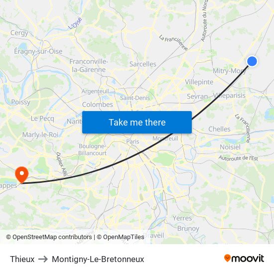 Thieux to Montigny-Le-Bretonneux map