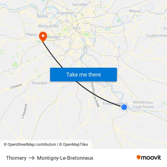 Thomery to Montigny-Le-Bretonneux map