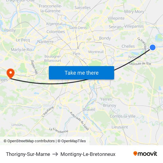 Thorigny-Sur-Marne to Montigny-Le-Bretonneux map