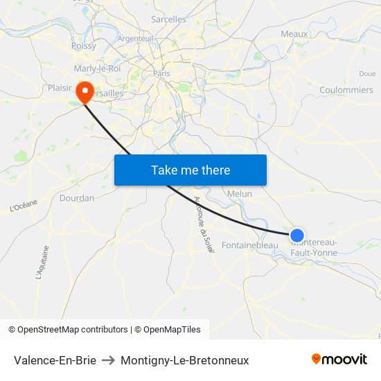 Valence-En-Brie to Montigny-Le-Bretonneux map