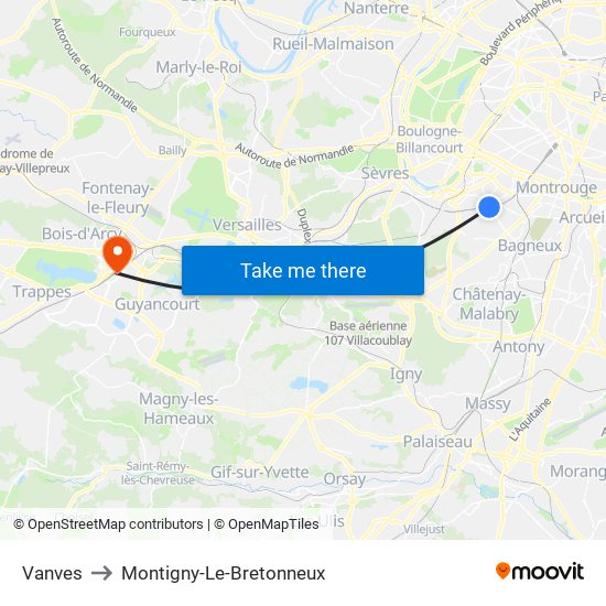 Vanves to Montigny-Le-Bretonneux map