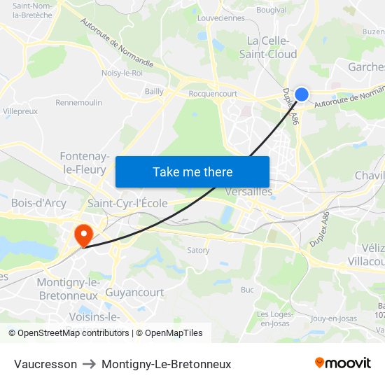 Vaucresson to Montigny-Le-Bretonneux map